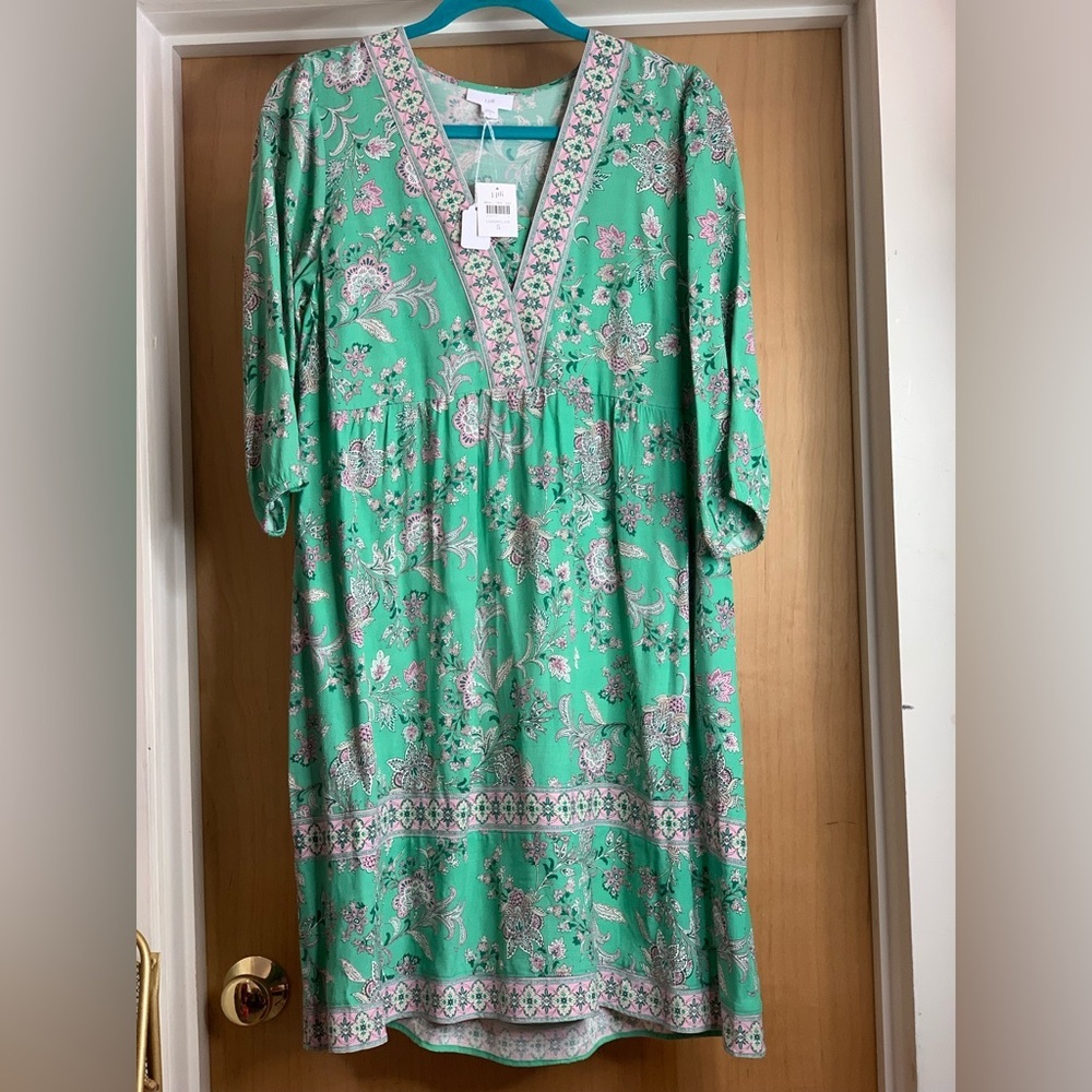 J.Jill Floral V-Neck Green Women’s Flounced Hem Dress. Size-Small. Boho - Picture 4 of 4
